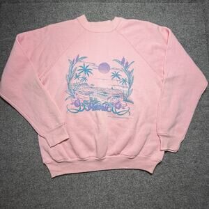 Vintage 1987 Tultex Women’s L Pullover Crewneck Pink Sweater Hawaii Sunset Print